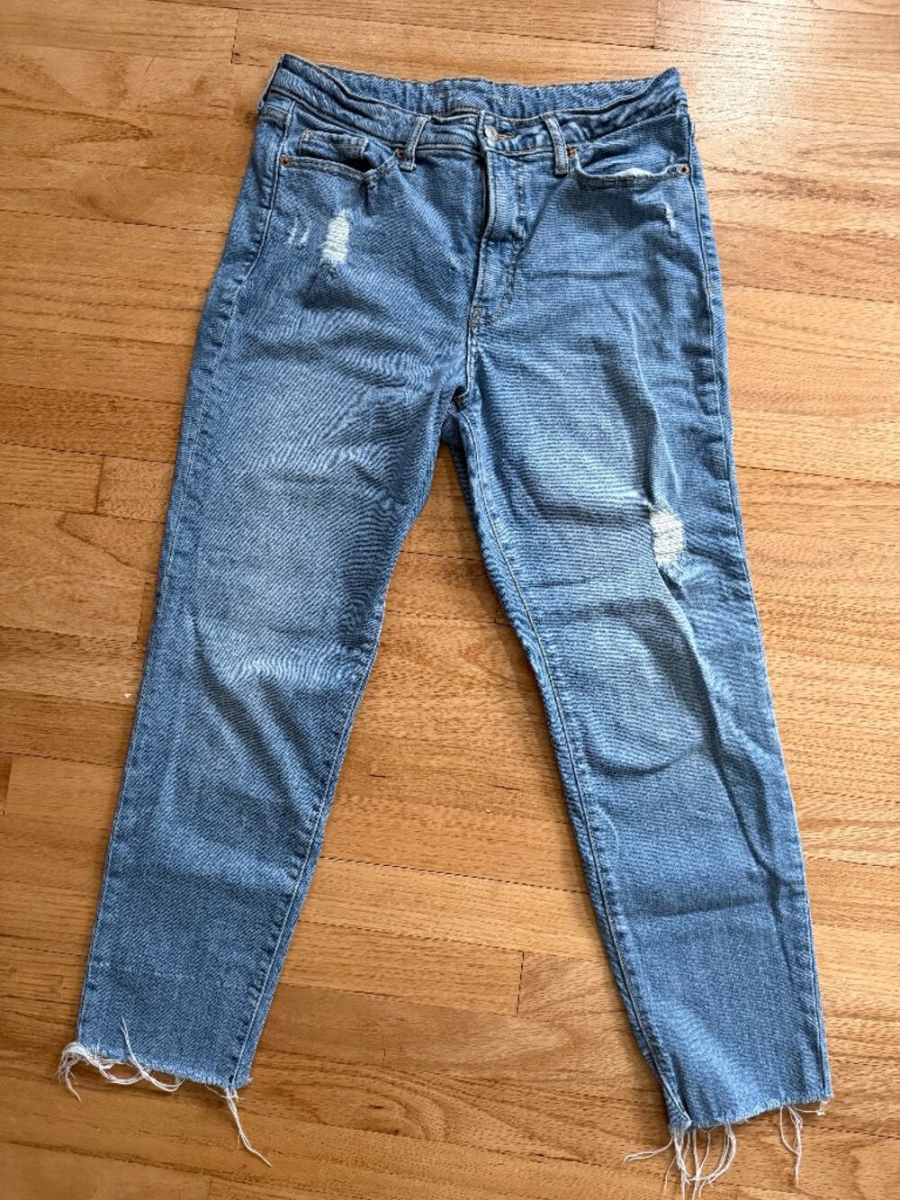 Old Navy High Waisted OG Straight Cut Off Medium Wash Distressed Denim Jeans